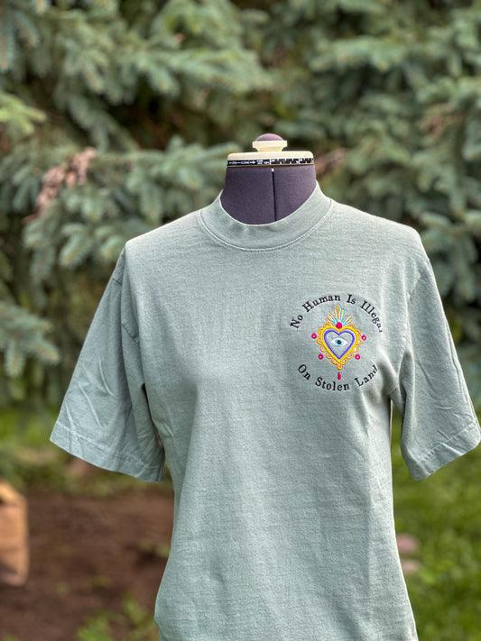 No Human Is Illegal on Stolen Land Embroidered Tshirt